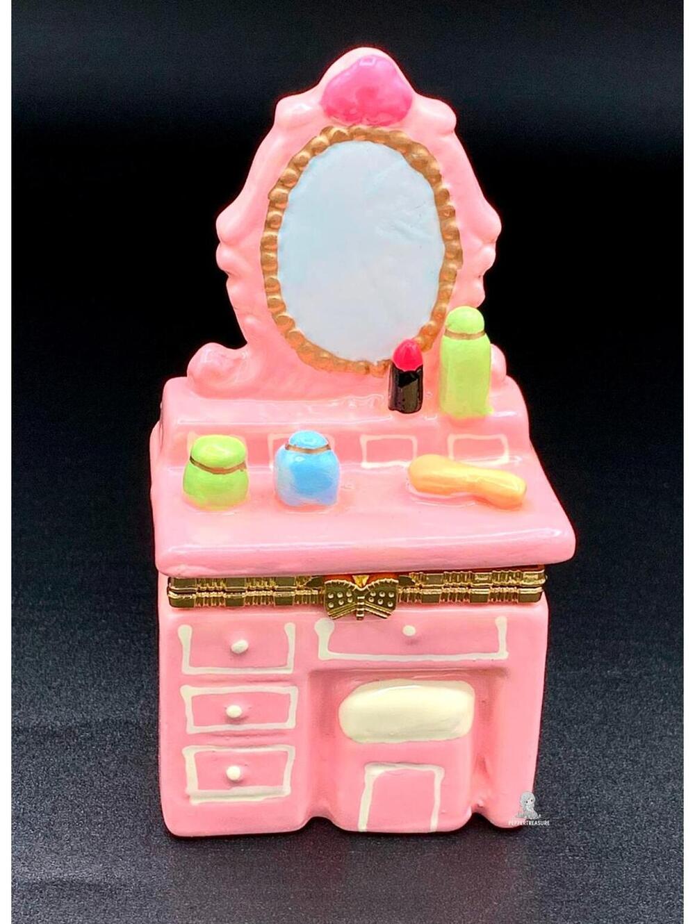 Pink Vanity Trinket Box Miniature Dressing Table Hinged Porcelain Jewelry Box